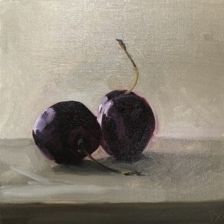 cherries, cherry pair, oil painting, still life